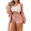 Women's Comfortable Knit Pajama Set Crop-top with V-neck Winter Plush Loungewear Casual 3-Piece Set Long Sleeve Shorts Sports