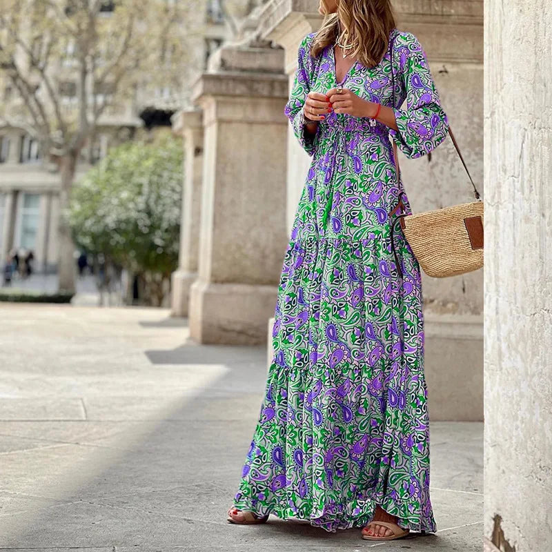 Printed Dress Spring New Style V-neck Long sleeved Adjustable Waist Dress Bohemian Printed Flare Dress