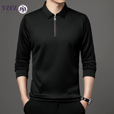 Solid Color Long Sleeve Polo Shirt Fashion Zipper Men's Polo Neck Top Cotton Polo Collar Long Sleeve T-shirt