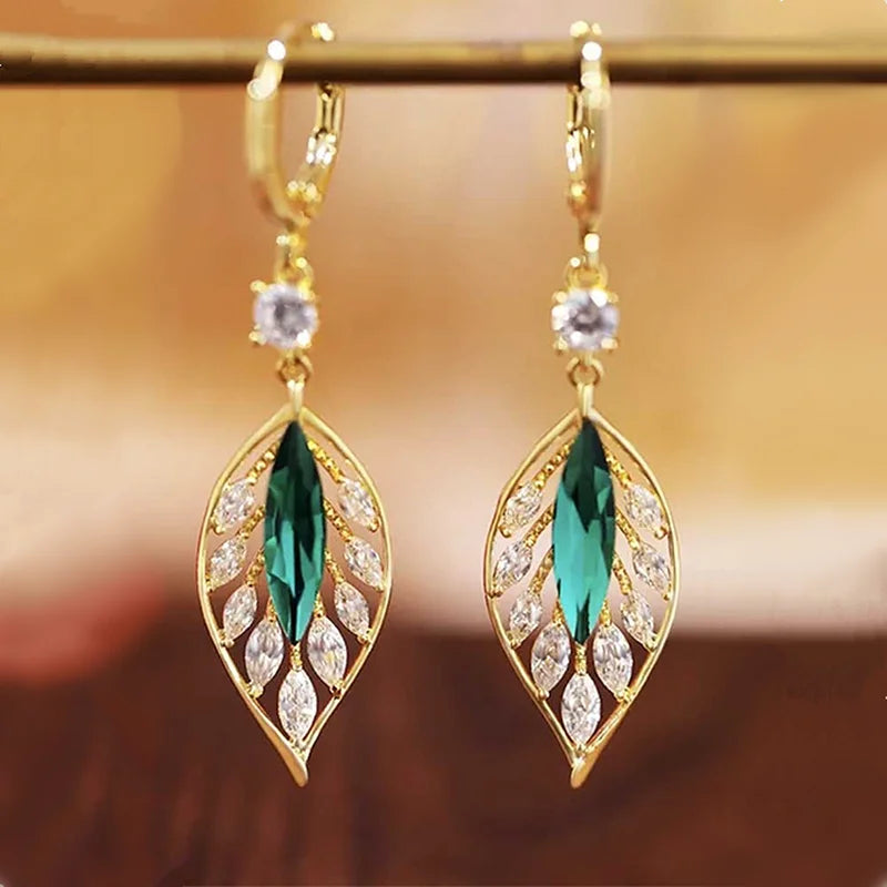 Light Luxury Green Zircon Earring Female Fashion Atmosphere Crystal Leaf Earrings Party Anniversary Jewelry Bijoux Gift Hot Sale