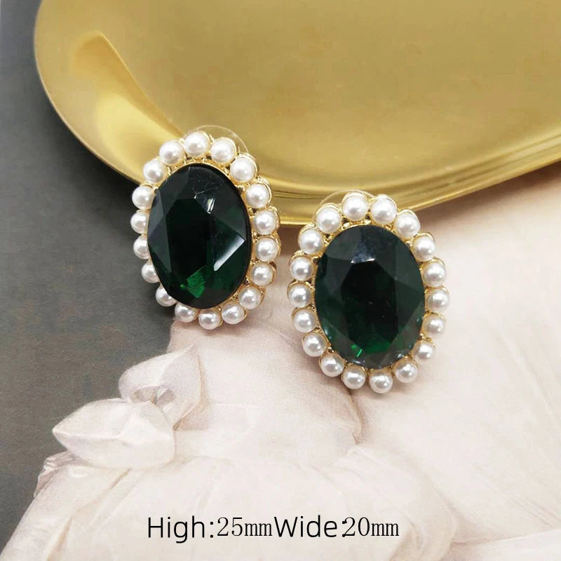 Classic Green Rhinestone Pearl Necklace Earrings For Women Lady Vintage Luxury Jewelry Wedding Party Pendant Collar Chokers