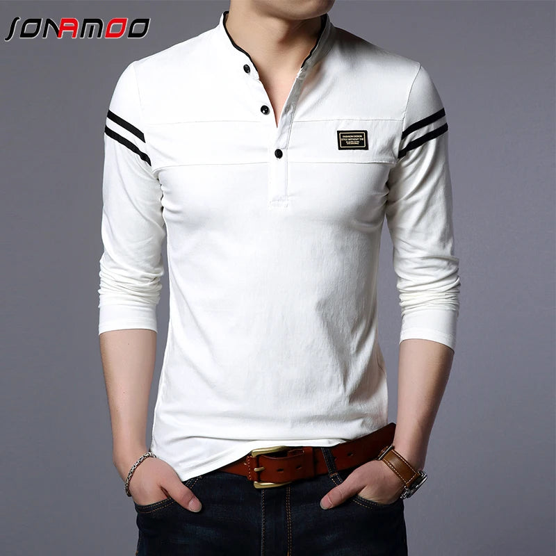 Men's Fashion Summer Long Sleeved POLO T-shirt Casual Cotton Breathable Top Stand Up Neck Long Sleeve Korean Comfortable Shirt