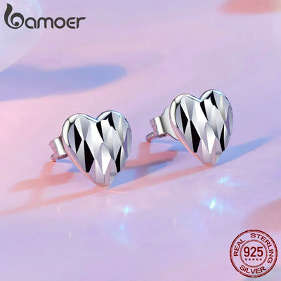 BAMOER 925 Sterling Silver Heart Shape Carvings Stud Earrings Hypoallergenic for Women and Teen Girls Elegant Fashion Jewellry