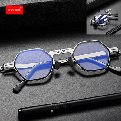 Metal Foldable Reading Glasses Men Round Polygon Frame Computer Magnifier with Case Presbyopia Eyeglasses Diopter+1.0/1.5/4.0