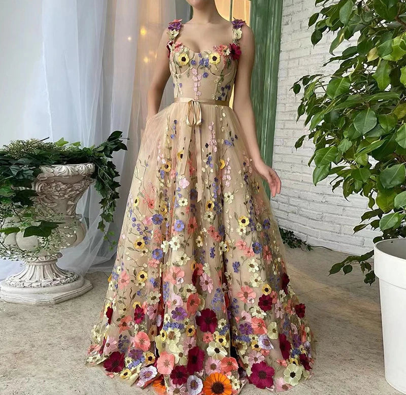 3D Floral Embroidery Strap Slim Maxi Dresses for Women Elegant Fashion Backless Sleeveless Wrap Hip Sexy Party Long Dress 2024