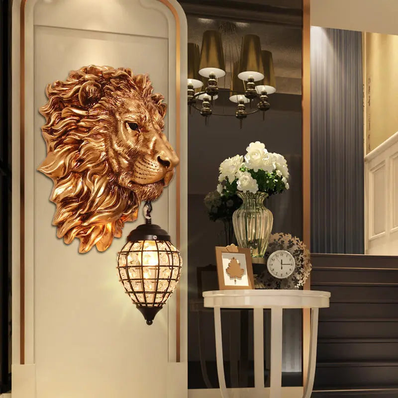 American Retro Lion Head Wall Lamp Resin led Wall Light Animal Home Decor Lamp Living Room Restaurant Hallway Lighting luminaria