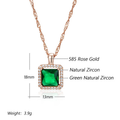 Kinel Luxury Square Green Natural Zircon Pendant Necklace For Women Fashion 585 Rose Gold Color Bride Wedding Statement Jewelry