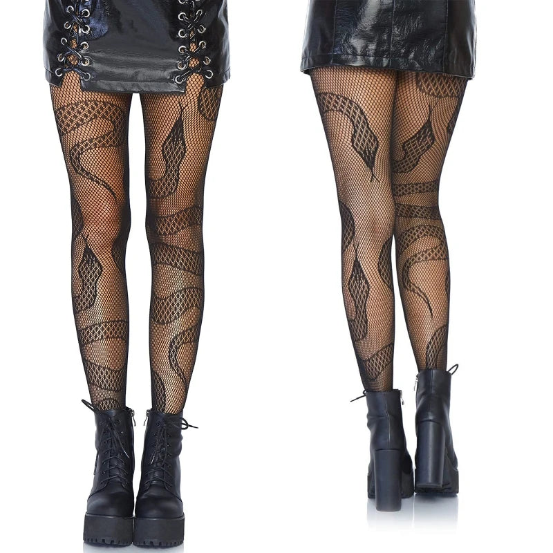 Snake Patterned Tattoo Fishnet Pantyhose Leggings Women Plus Sexy Mesh Tights L21E