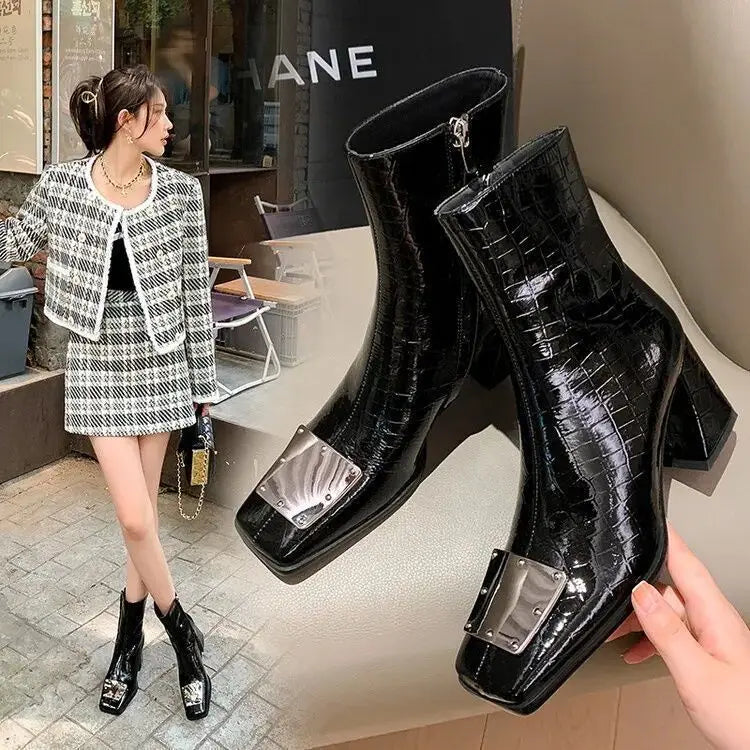 Modern Boots Thick Heel Square Toe Waterproof Non-slip Inner Zipper Autumn and Winter Fashion Shoes for Women 2023 New