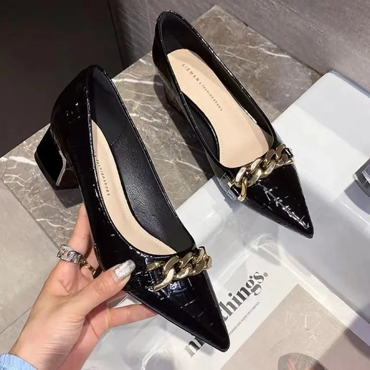 Women's Summer Footwear Black Shoes for Woman 2023 with Medium Heels Square Office Pointed Toe Fashion Chic Point Beau Today E A