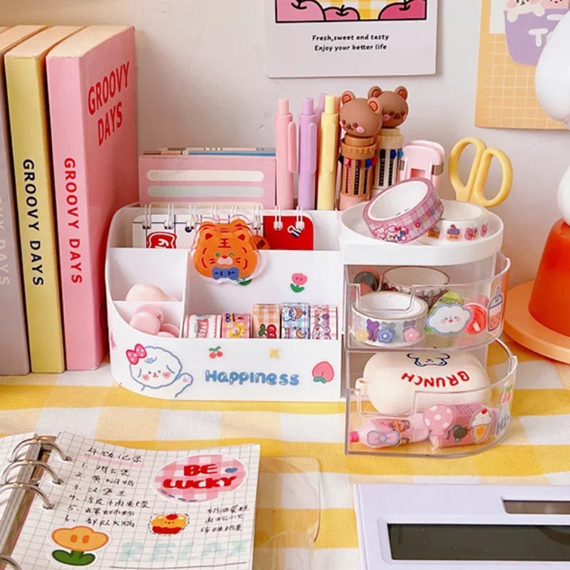 Kawaii Desktop Pen Holder for Girls Cute Storage Box Organizer Stationery Holder Pencil Holders Back To School Desk Accessories