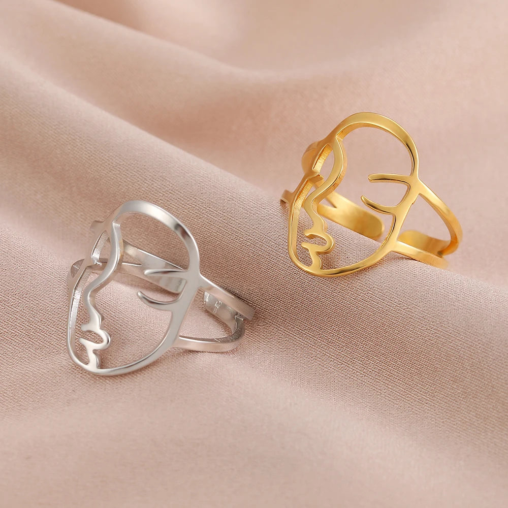 Stainless Steel Ring Artist Abstract Face Design Open Fashion Ladies Couple Adjustable Rings For Women Jewelry Party Girls Gifts