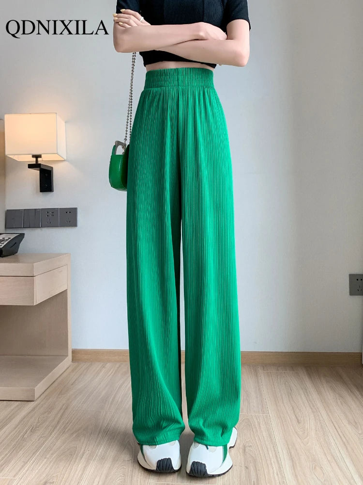 2024 Spring Summer Ice Silk Wide Leg Pants for Women Korean Thin Chiffon High Waist Saggy Loose Straight Casual Fashion Trousers