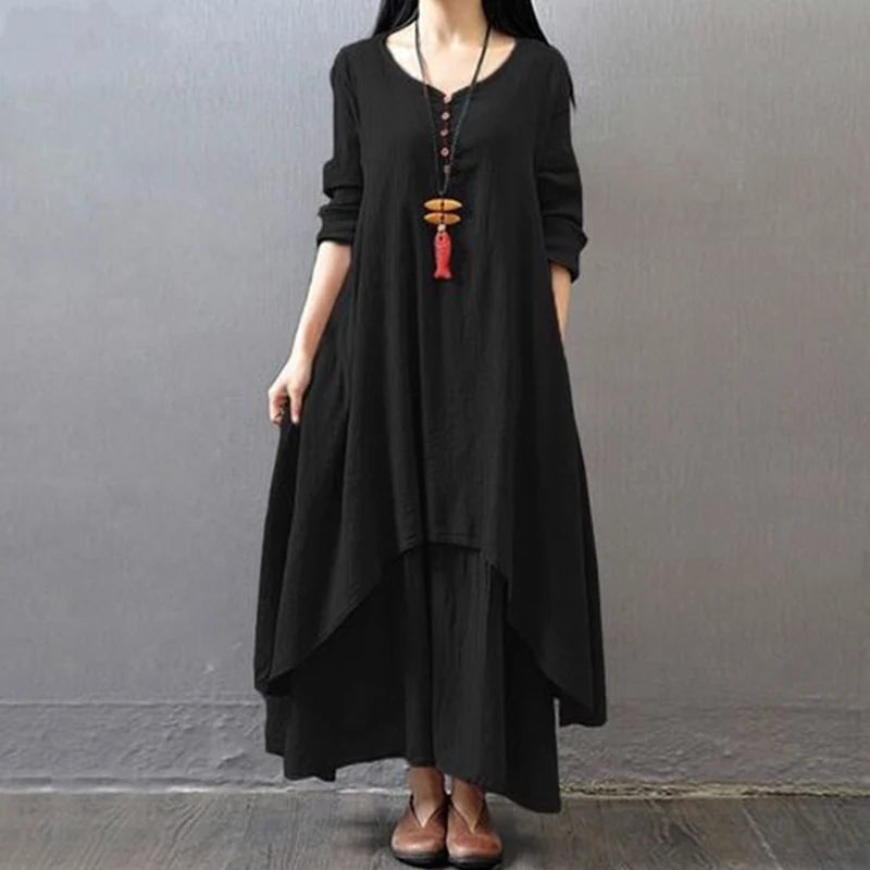 Women Elegant Linen White Dresses Bohemia Layering Vintage Robe Long Sleeve Loose Long Dress Oversized Female Autumn Vestidos