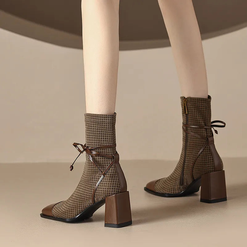 2023 New French Style Square Toe Chunky Heel High Heeled Short Boots for Women Autumn  Winter Single Boots Women Womens Boots