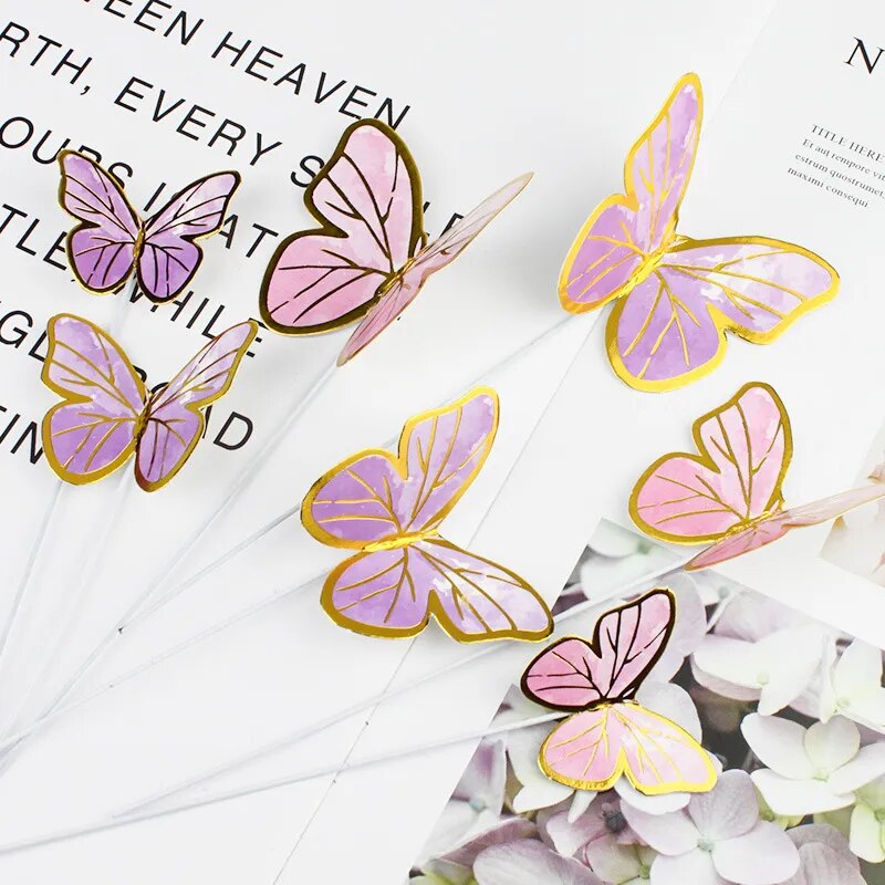 Pac of 10 Stamping Gold Pink Butterfly Cake Toppers