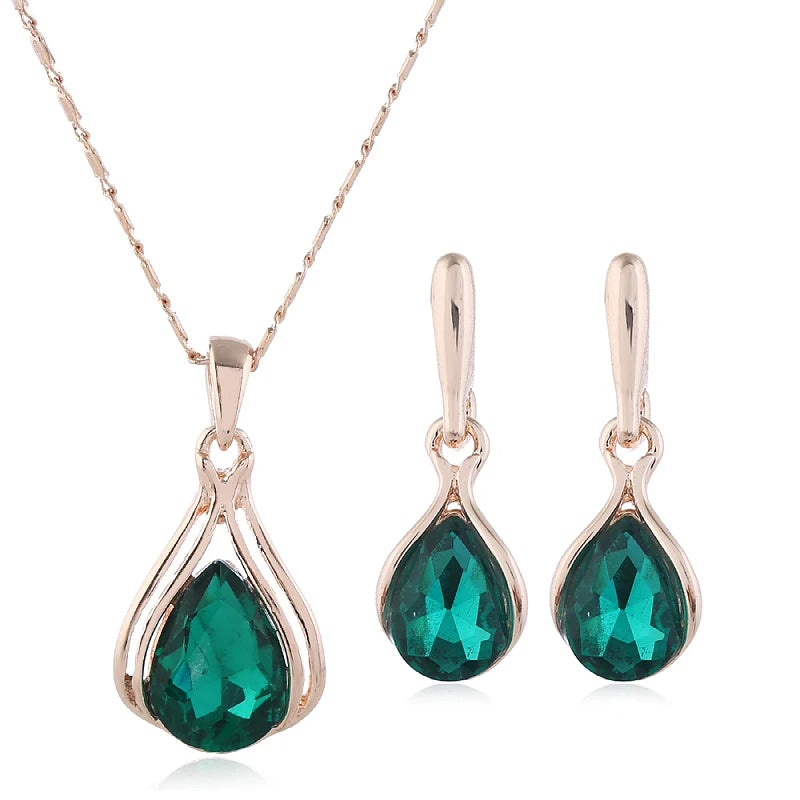 Fashion European and American Blue Zhihai Creative Geometric Wedding Earrings Necklace Set Women's Blue Green Water Drop Set