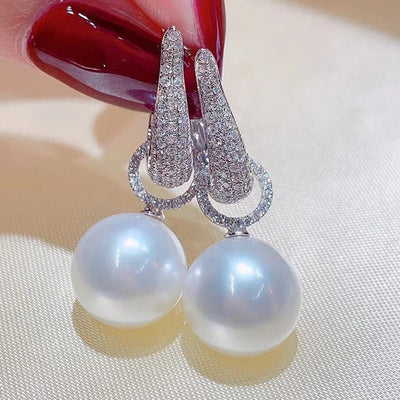 Huitan 2022 Trend Imitation Pearl Dangle Earring for Women Luxury Silver Color Bling Cubic Zirconia Fashion Elegant Lady Jewelry