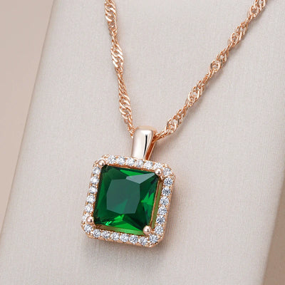 Kinel Luxury Square Green Natural Zircon Pendant Necklace For Women Fashion 585 Rose Gold Color Bride Wedding Statement Jewelry