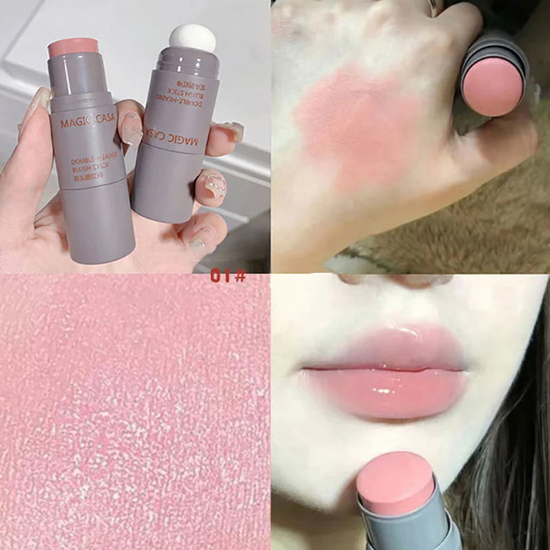 Double Head Sponge Facial Blush Stick Waterproof Multi-purpose Eyes&lips&Cheek Blush Balm Cream Matte Finish Makeup Contour Pen