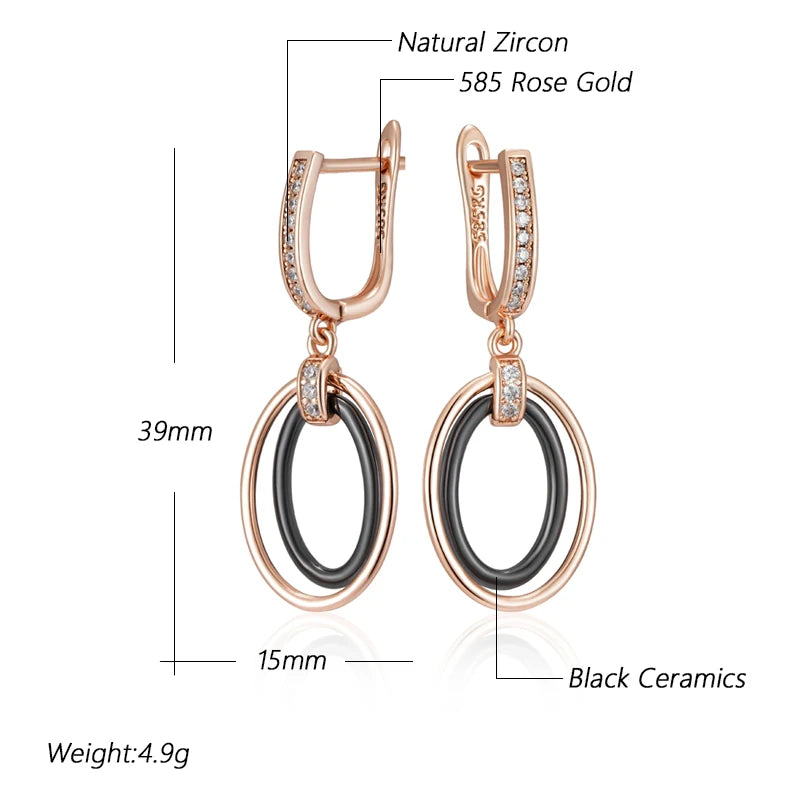 Kinel Hot Oval Black Ceramics Long Drop Earrings For Women 585 Rose Gold Color Natural Zircon Accessories Daily Fine Jewelry