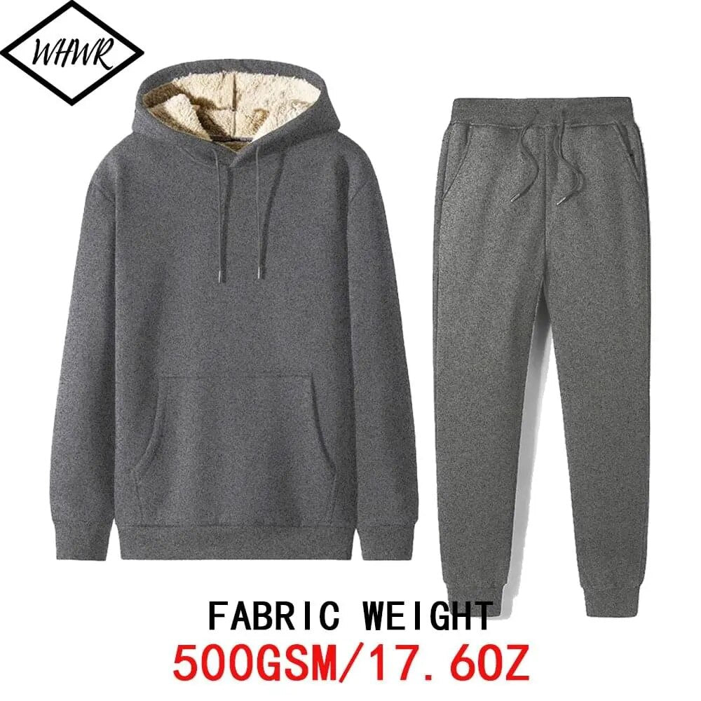 Winter Cashmere Thicken Suit Men's Casual Sports Suit Lambswool Warm Two-piece Set Sportswear Unisex Fleece Hoodies Sweatpants