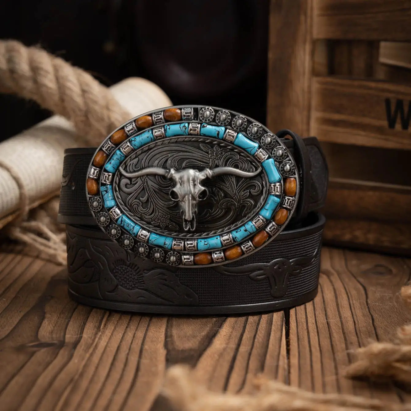 Western Cowboy PU Leather Belt - Men Waist Strap Bull Decoration Floral Engraved for Jeans