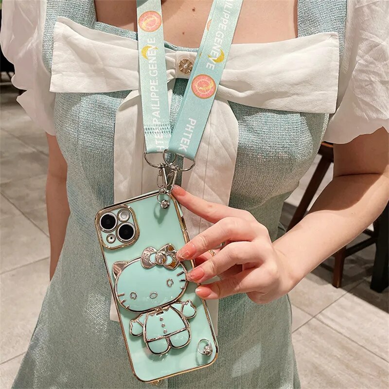 Hello Kitty Holder Bracelet Strap Lanyard Plating Phone Case For iPhone 15 14 13 12 11 Pro Max Mini XR XS X 8 7 6S Plus SE 2020