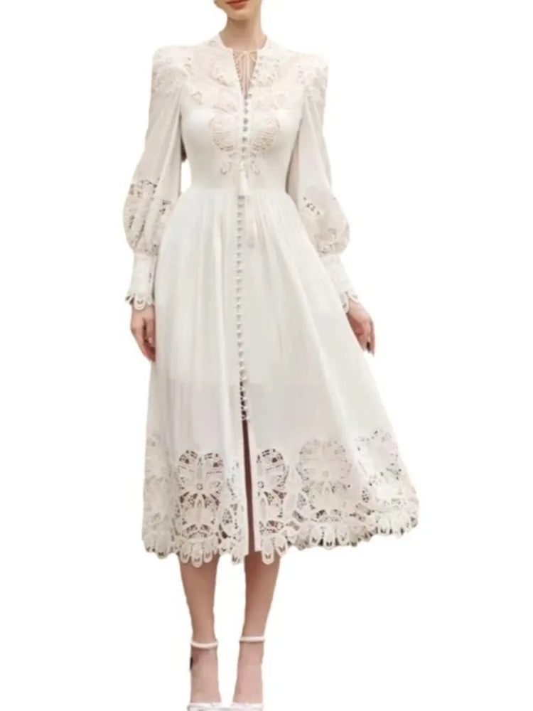 [EWQ] Beautiful White Lace Up Embroidery Hollow Out Lantern Sleeves Women's Long Dress Ladies Vestidos 2024 Spring Autumn 3A6724