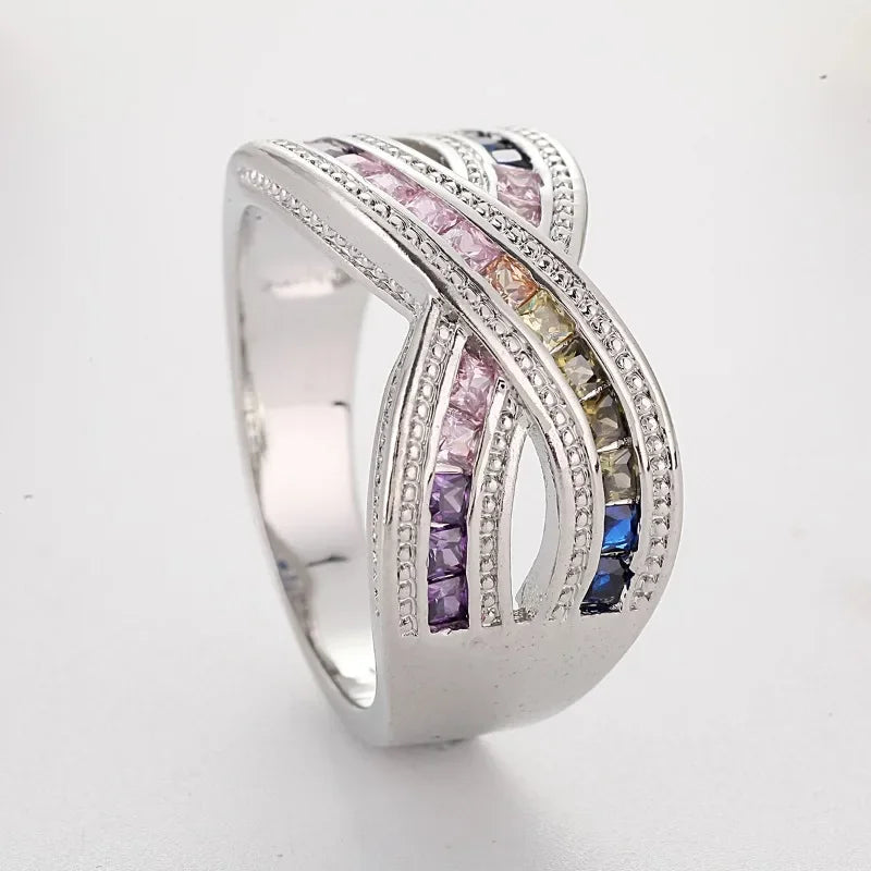 2024 New Fashion Colorful Cubic Zirconia Ring for Women Elegant Bridal Wedding Jewelry Band Cross Geometric Crystal Rings Gifts