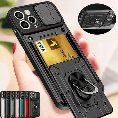 Case For iPhone 15 14 13 12 11 Pro Max XR XS 8 7 Plus SE 2022 Slide Camera Card Slot Military Grade Ring 360 Magnetic Back Cover