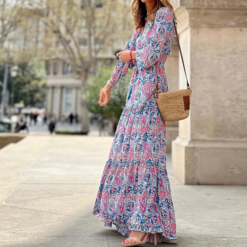 Printed Dress Spring New Style V-neck Long sleeved Adjustable Waist Dress Bohemian Printed Flare Dress