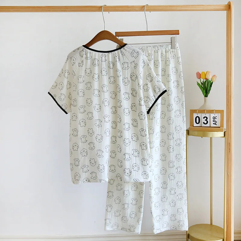 2023Spring/Summer New Women's Pajama Set 100% Cotton Crepe Ladies Short Sleeves+Long Pants Cute Pullover Home Suit Two Piece Set