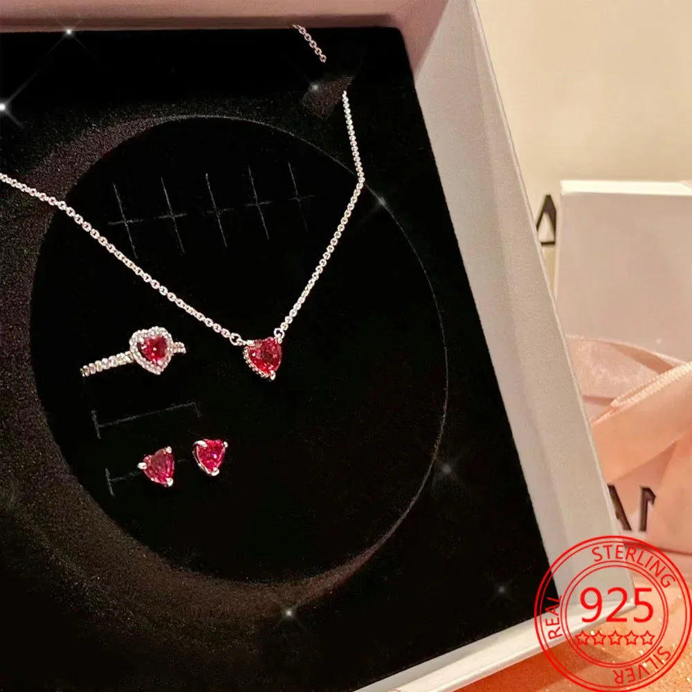 New 925 Sterling Silver Sparkling Heart Halo Pendant Collier Necklace Red Heart Ring Round Hoop Earrings Women Jewelry Set Gift