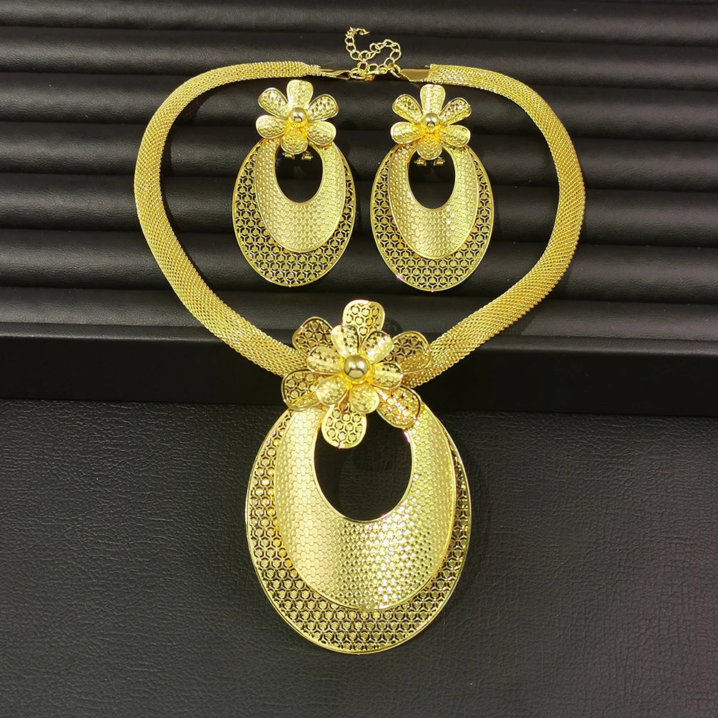 Luxury Dubai Jewelry Set For Women Big Charm Pendant Necklace Earrings Weddings Party African Set Yellow Gold Color Accessories