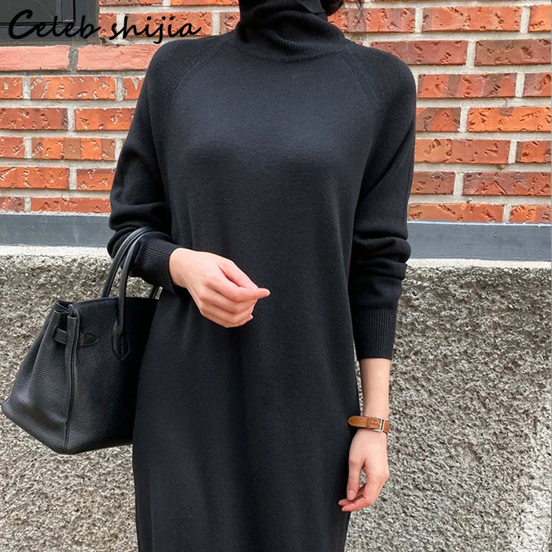 Chic Soft Cashmere Dress Women Winter Autumn Tall Neck Oversized Long Woolen Dress Vestido Ladies Long-sleeve Knitwear