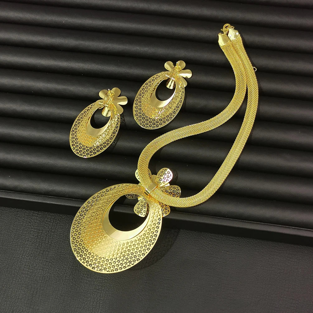 Luxury Dubai Jewelry Set For Women Big Charm Pendant Necklace Earrings Weddings Party African Set Yellow Gold Color Accessories