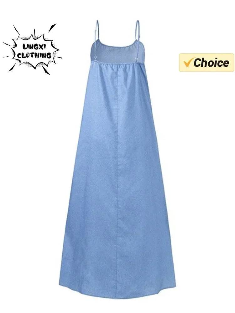 2024 Summer Fashion New Elegant Women's Denim Suspender Sexy Casual Temperament Split A-line Vacation Dress