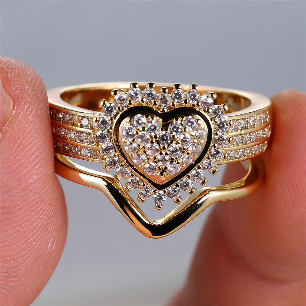 Luxury Female White Zircon Stone Engagement Ring Set Cute Yellow Gold Color Wedding Jewelry For Women