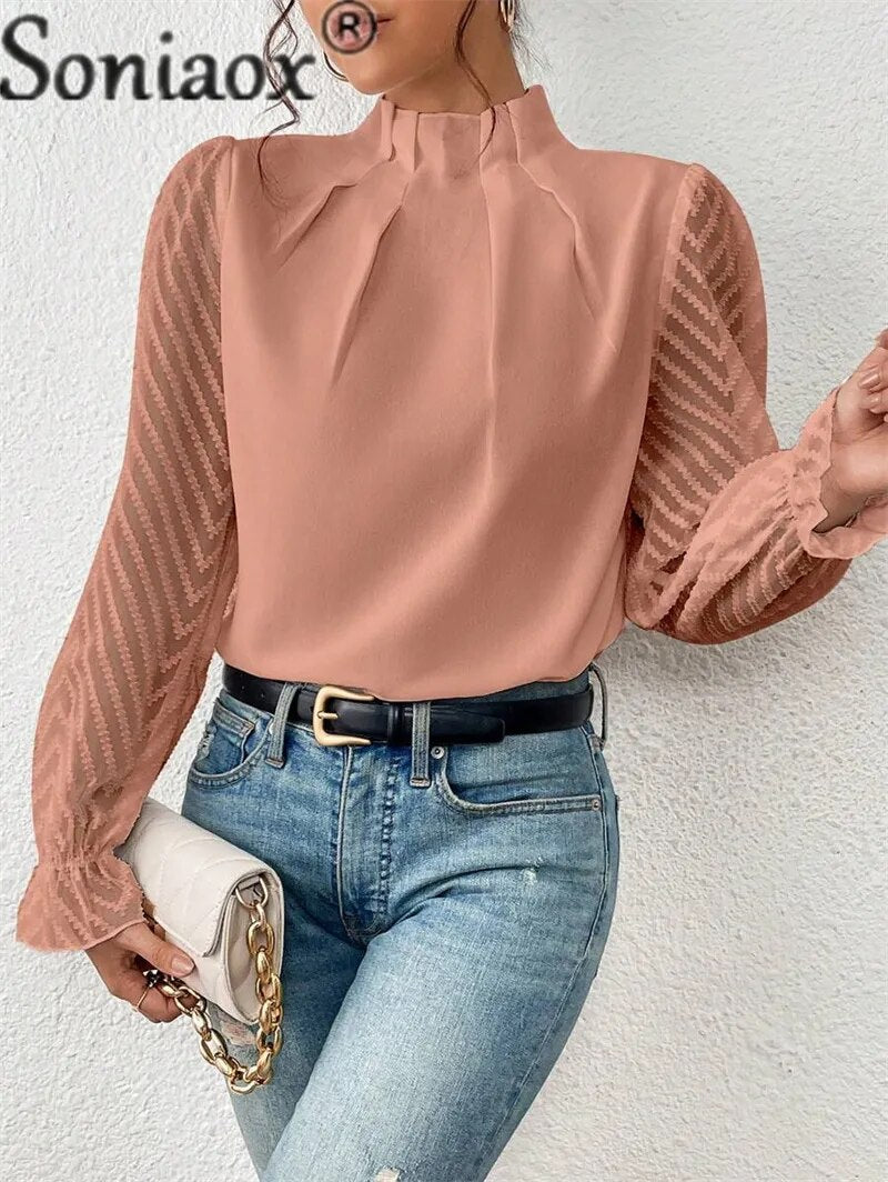 Elegant Half-turtleneck Pullover Solid Color Chiffon Shirt Women's Wave Print Ruffle Long Sleeve Blouse Ladies Casual Loose Tops