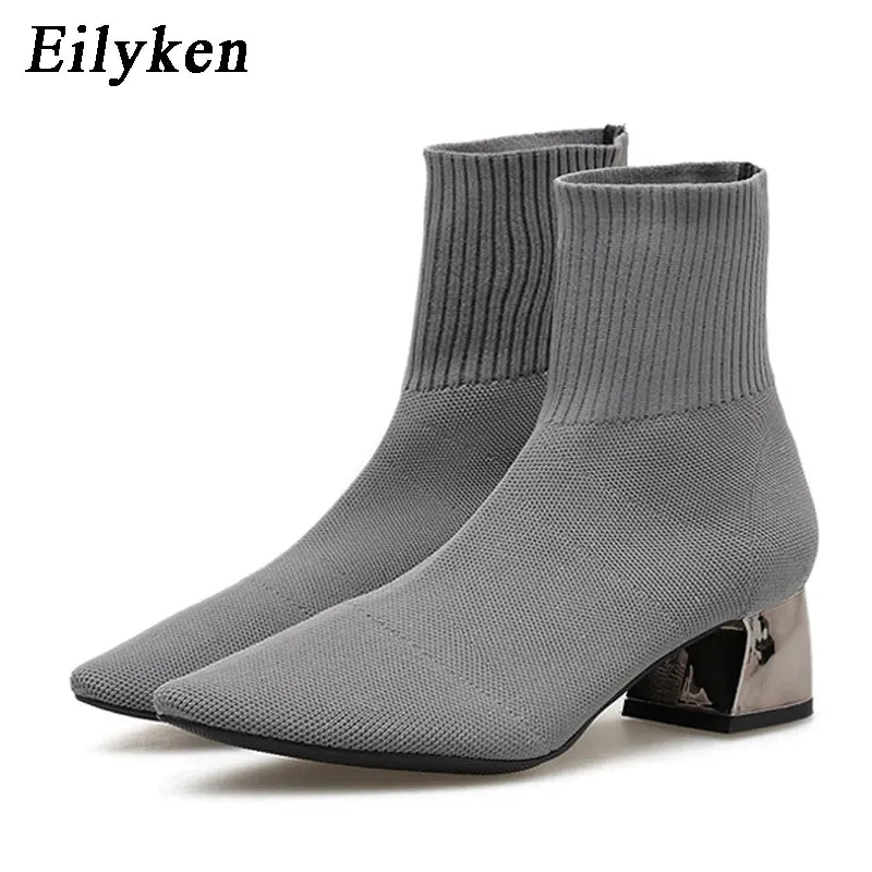 EilyKen 2023 Autumn Winter Knitted Stretch Fabric Socks Women Low Heel Short Boots Gray Pointed Toe Female Ankle Booties