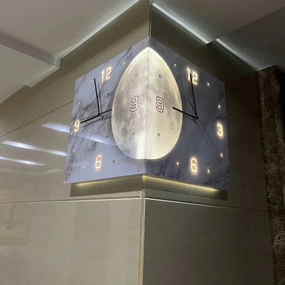 Corner Wall Clock Double Sided Modern LED Clocks Wall Lamp Moon Living Room Decoration Digital 3D Watches Reloj De Pared Hierro