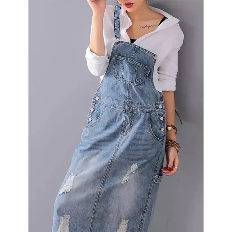 Women Denim Dresses Suspender Sleeveless Strap Straight Long Skirts Summer Loose Jumpsuit Overalls Jeans Dresses 2023 Vestidos