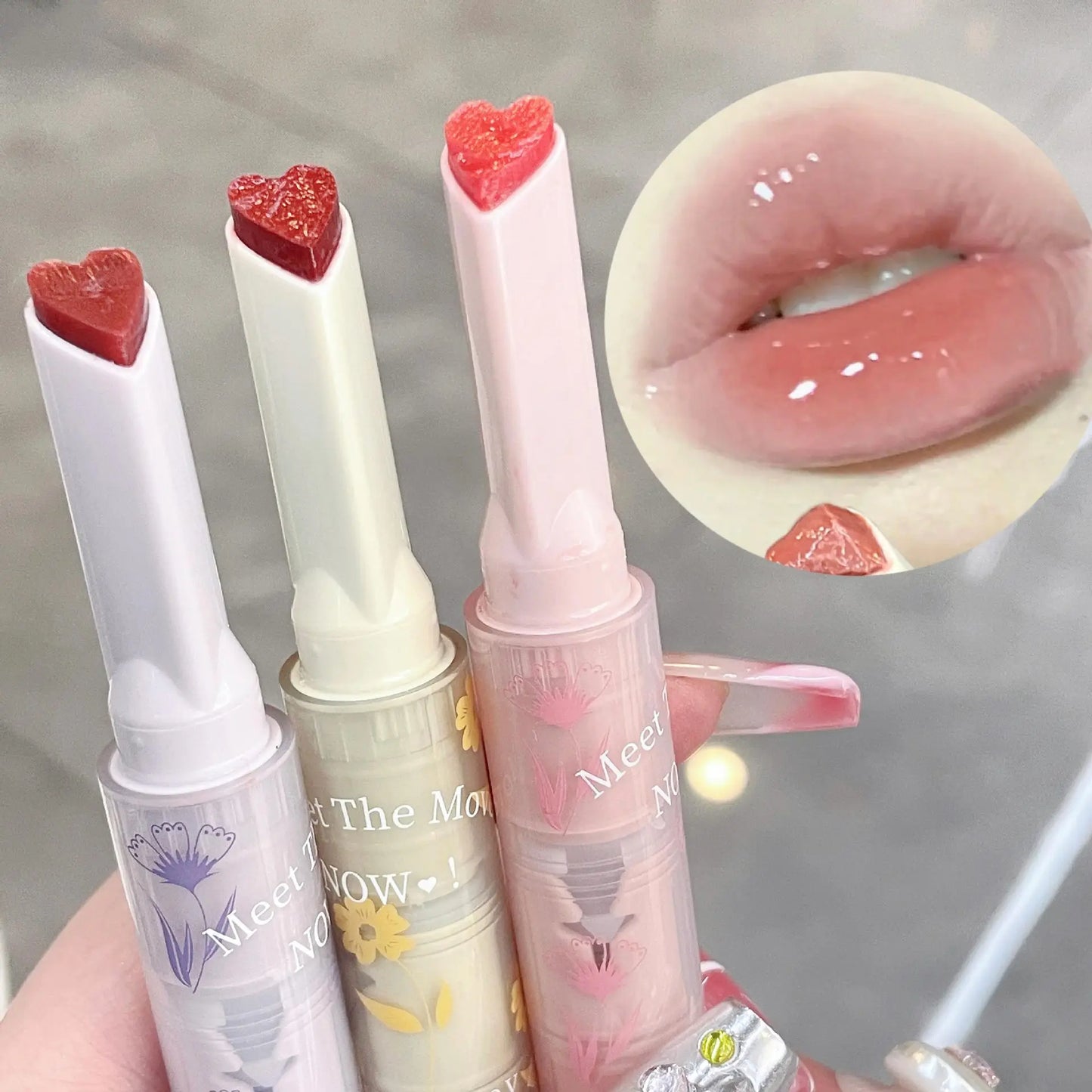 Water-light Mirror Lip Glaze Glitter Lip Tint Long Lasting Moisturising Love Heart Shape Solid Lipstick Pen Lips Makeup Cosmetic