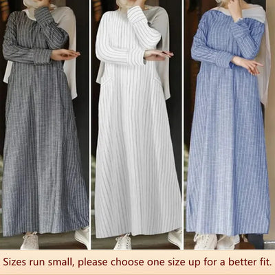 Women Fashion Retro Casual Clothing Long Sleeve Striped Cotton Dress Loose A- shaped Dress All Seasons