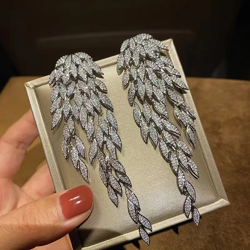 S925 Silver Needle Multi-layer Leaves Exaggerated Tassel Crystal Drop Earrings For Women Wedding Party Jewelry Christmas Gift