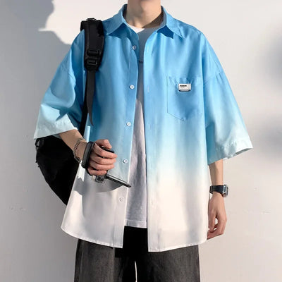 Men's Ice Silk Gradient Short Sleeve Shirt Casual Loose Fit Jacket For Spring Summer Autumn Trendy Long Sleeve Men's Wear