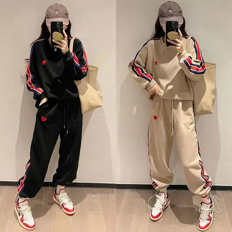 2 Piece Harajuku Women Casual Sports Striped Pant Sets Spring Autumn Preppy Style Embroidered Love Loose Korean Fashion Top Suit