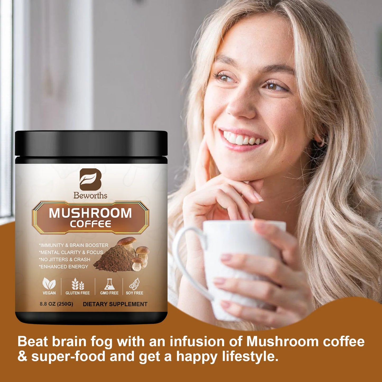 BEWORTHS Lion's Mane Mushroom Coffee Supplement with Reishi,Cordyceps&Turkey Tail-Energy,Mental Clarity&Focus,Brain Booster