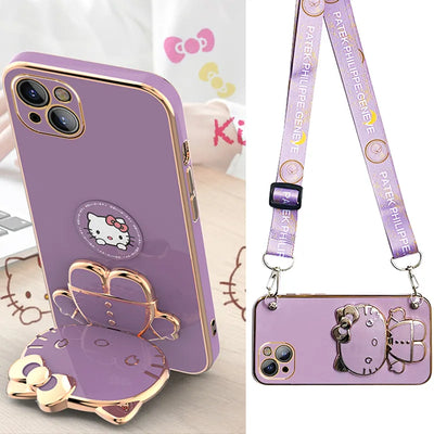 Hello Kitty Holder Bracelet Strap Lanyard Plating Phone Case For iPhone 15 14 13 12 11 Pro Max Mini XR XS X 8 7 6S Plus SE 2020